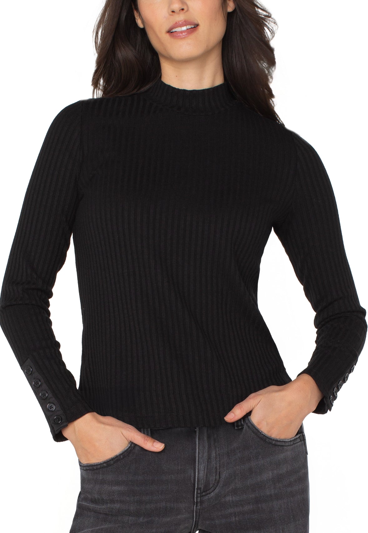Liverpool-Mock Neck Knit Top W/ Button-Black