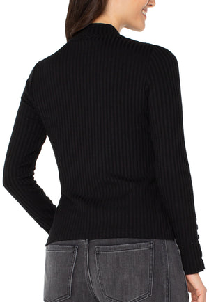 Liverpool-Mock Neck Knit Top W/ Button-Black