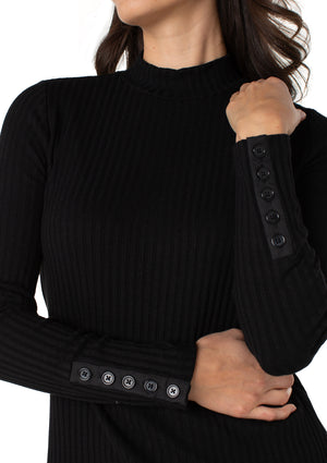 Liverpool-Mock Neck Knit Top W/ Button-Black