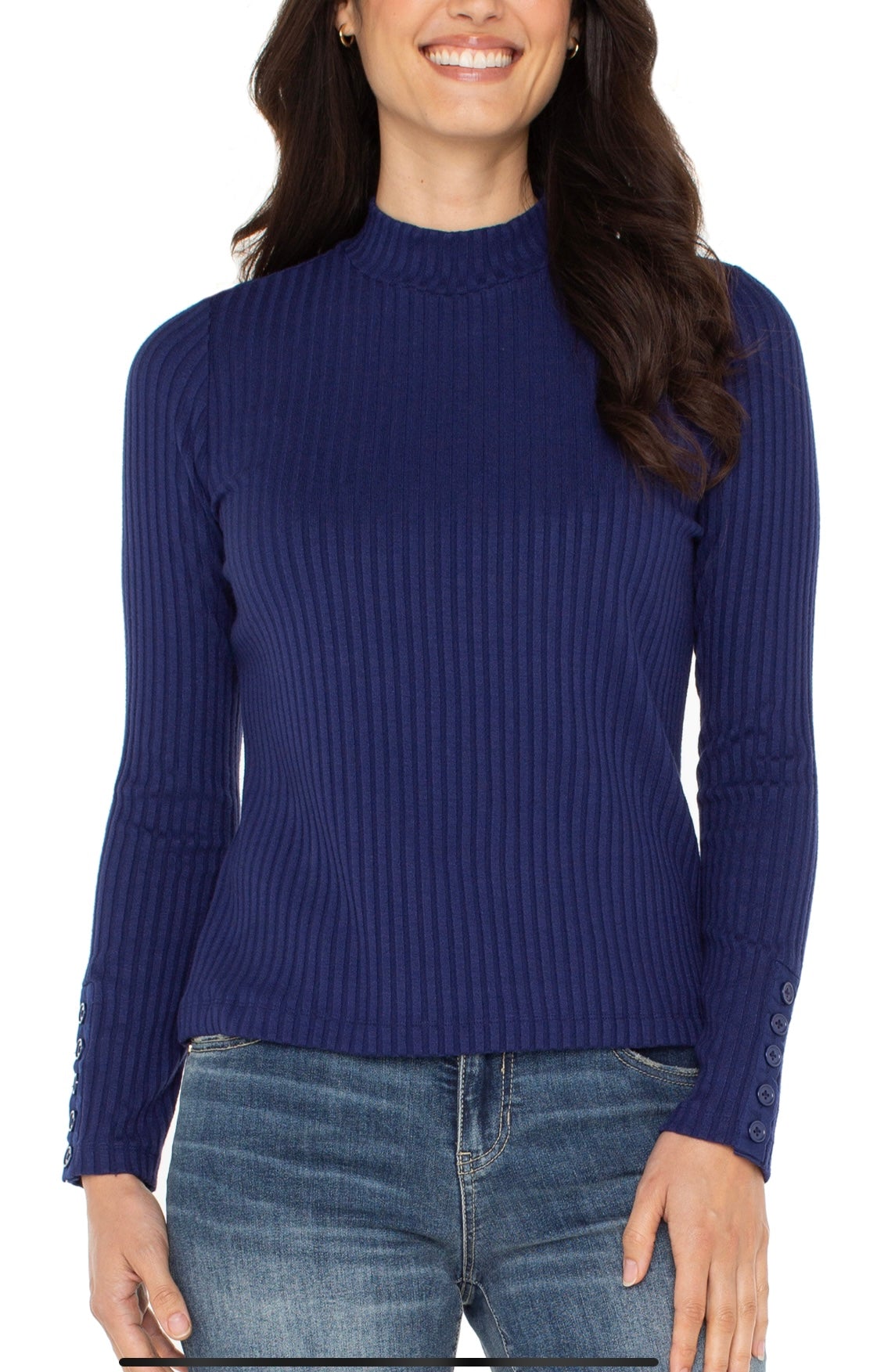 Liverpool-Mock Neck Knit Top w/Button-Navy