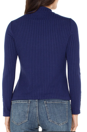Liverpool-Mock Neck Knit Top w/Button-Navy