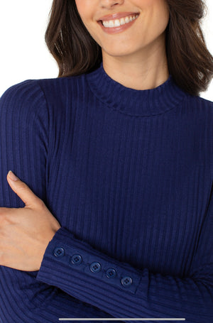 Liverpool-Mock Neck Knit Top w/Button-Navy