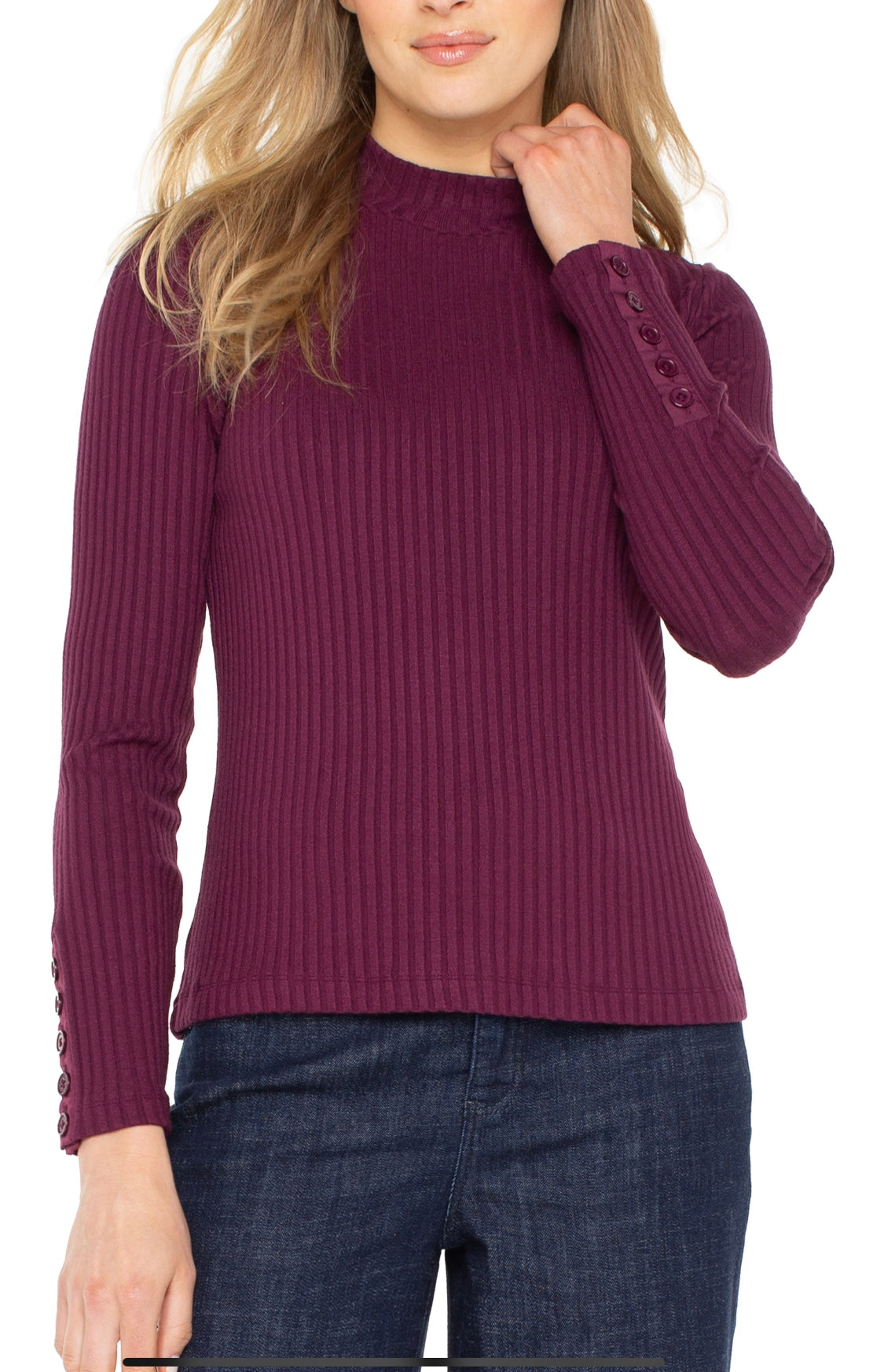 Liverpool-Mock Neck Knit Top W/Button-Wine