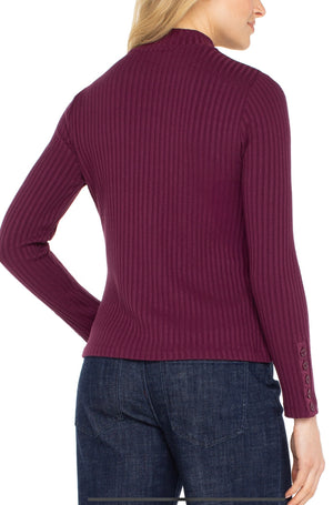 Liverpool-Mock Neck Knit Top W/Button-Wine