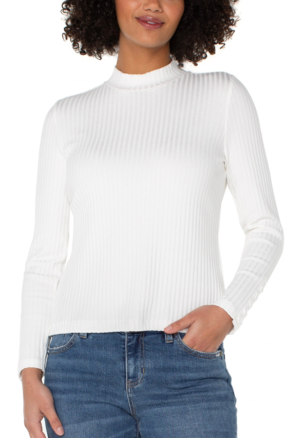 Liverpool-Mock Neck Knit Top W/Button-White
