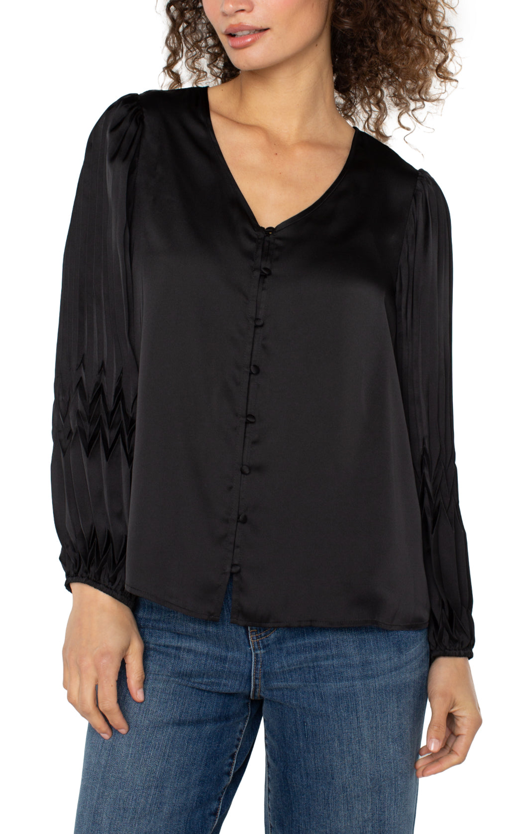 Liverpool Long Sleeve V-neck Pleated Top-Black