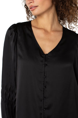 Liverpool Long Sleeve V-neck Pleated Top-Black