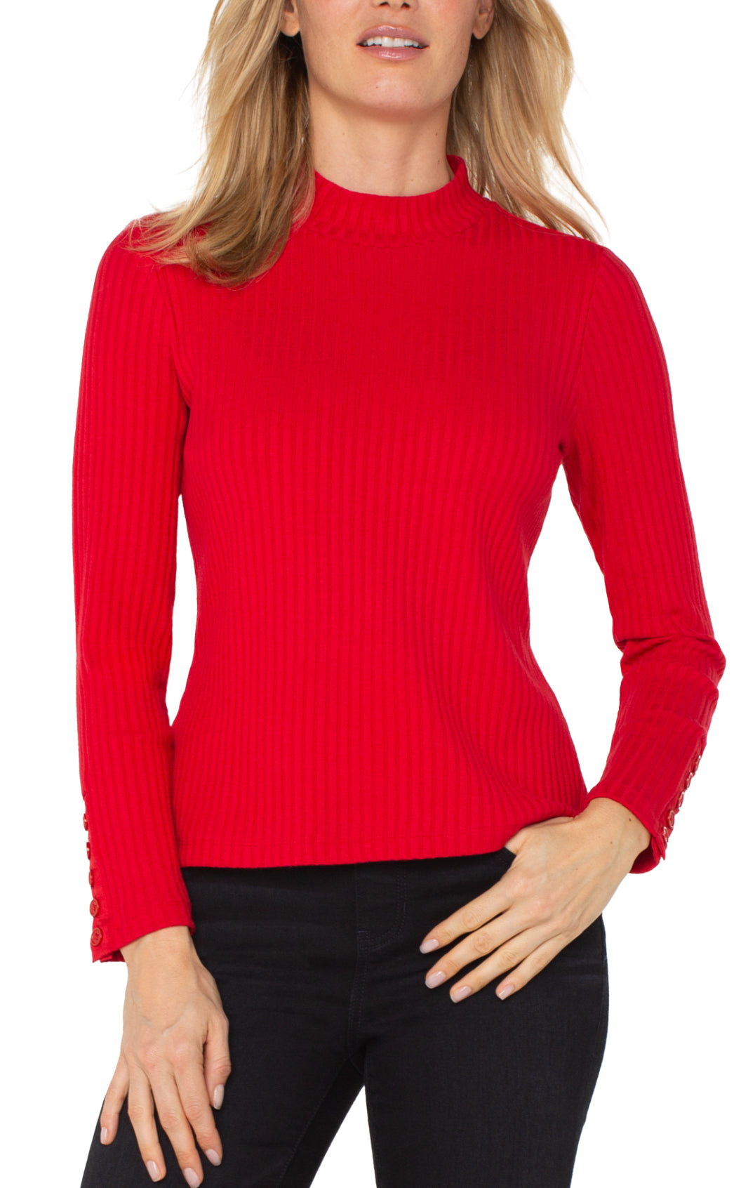 Liverpool Long Sleeve Mock w/Button Details-red