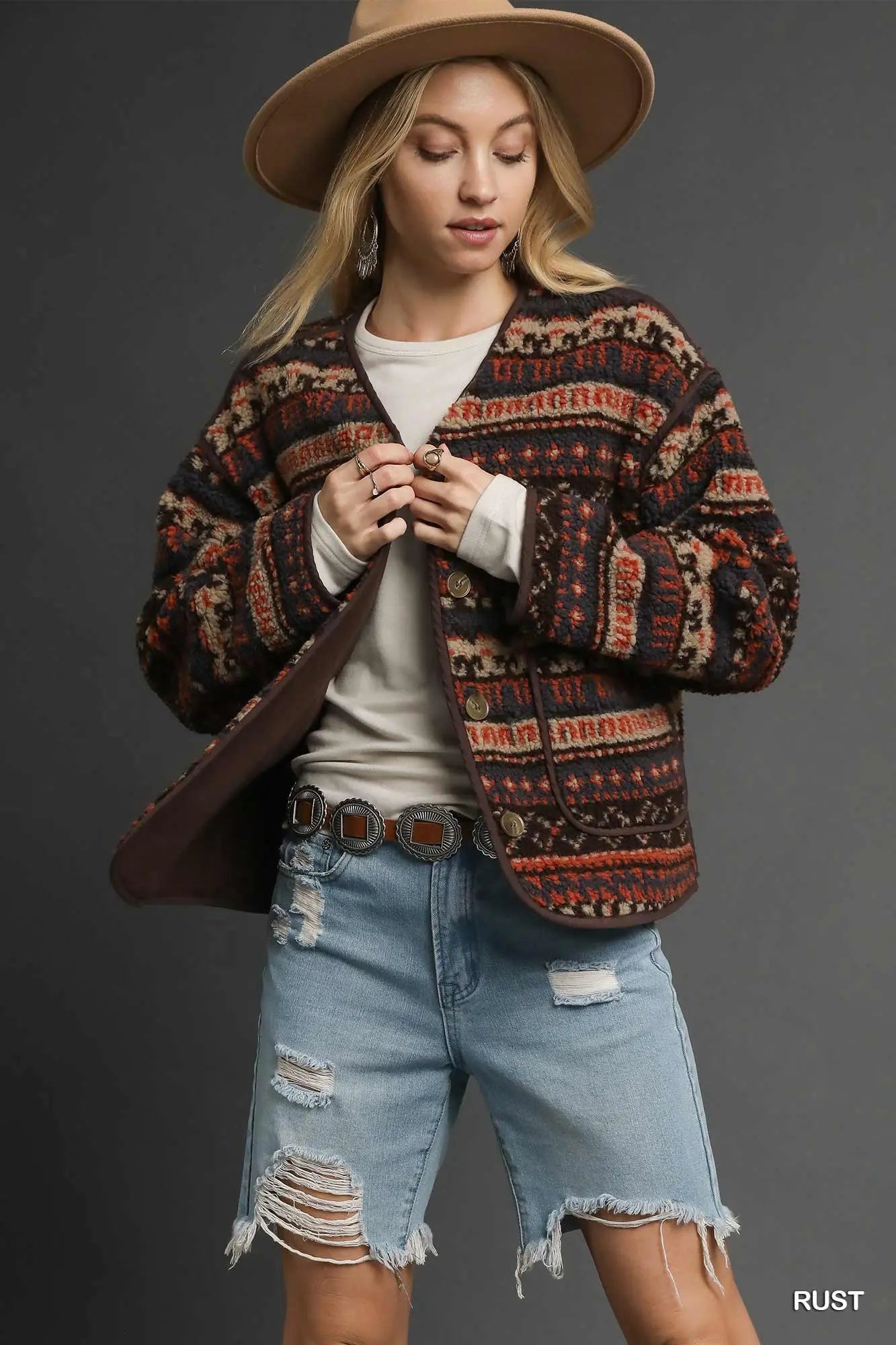 Aztec Patch Jacket-Rust