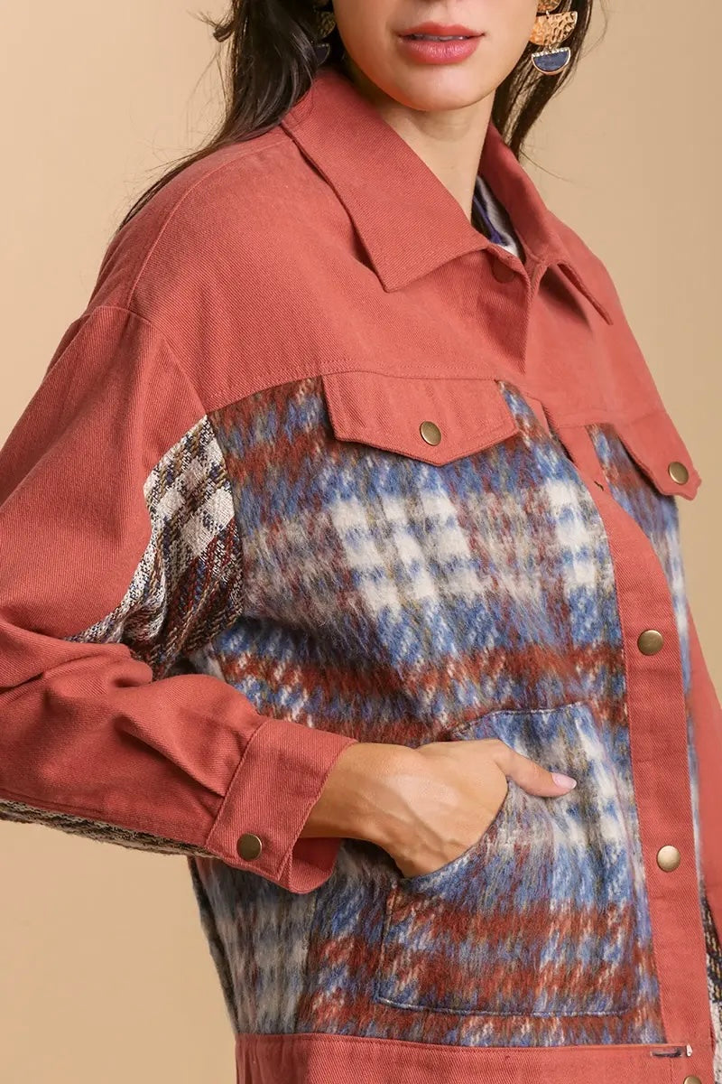 Print Sherpa Jacket-Rust