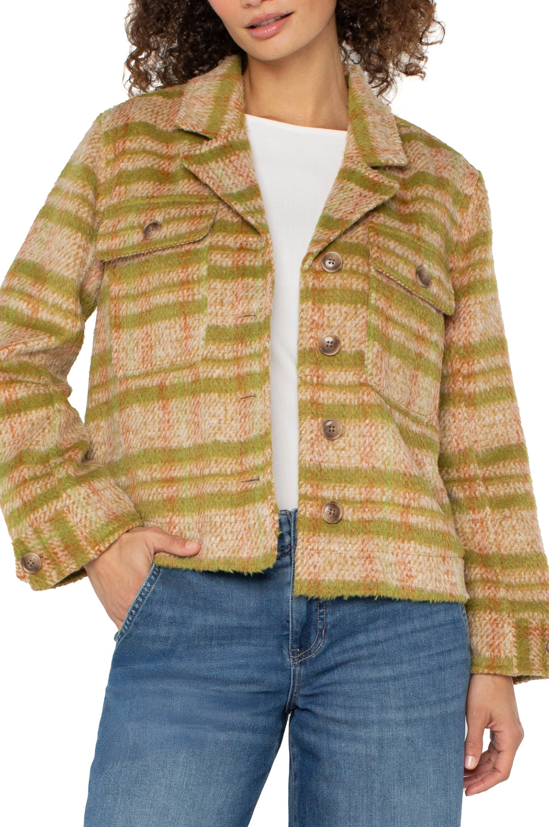 Liverpool-Button Front Boxy Shacket-Green Plaid Gold