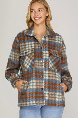 Brushed Plaid Shacket-Blue/Rust