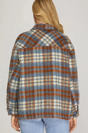 Brushed Plaid Shacket-Blue/Rust
