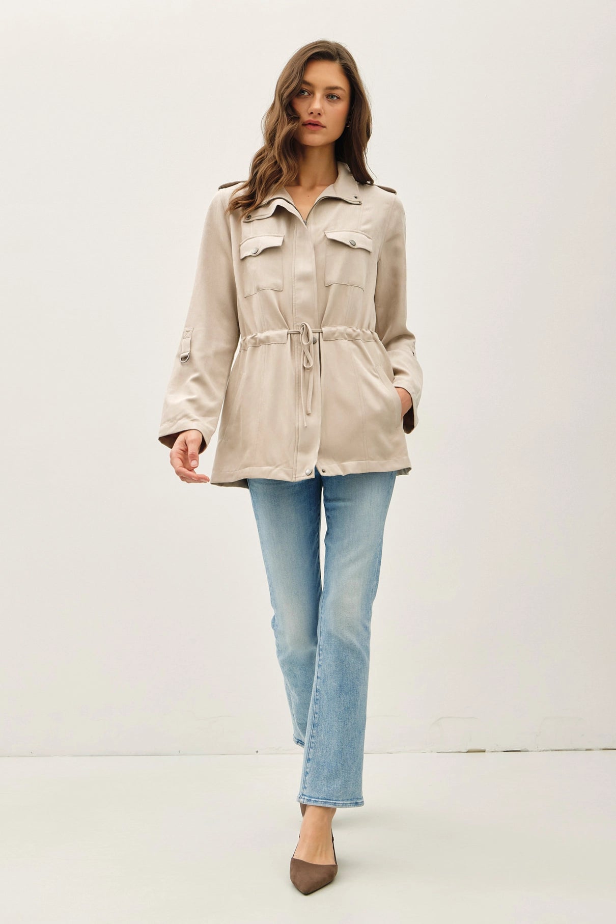 Cinched Waist Cargo Utility Jacket-Beige
