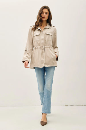 Cinched Waist Cargo Utility Jacket-Beige
