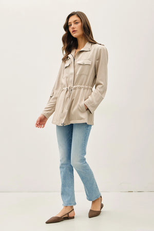 Cinched Waist Cargo Utility Jacket-Beige