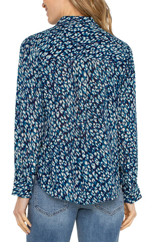 Button Up Woven Blouse- Blue Topaz