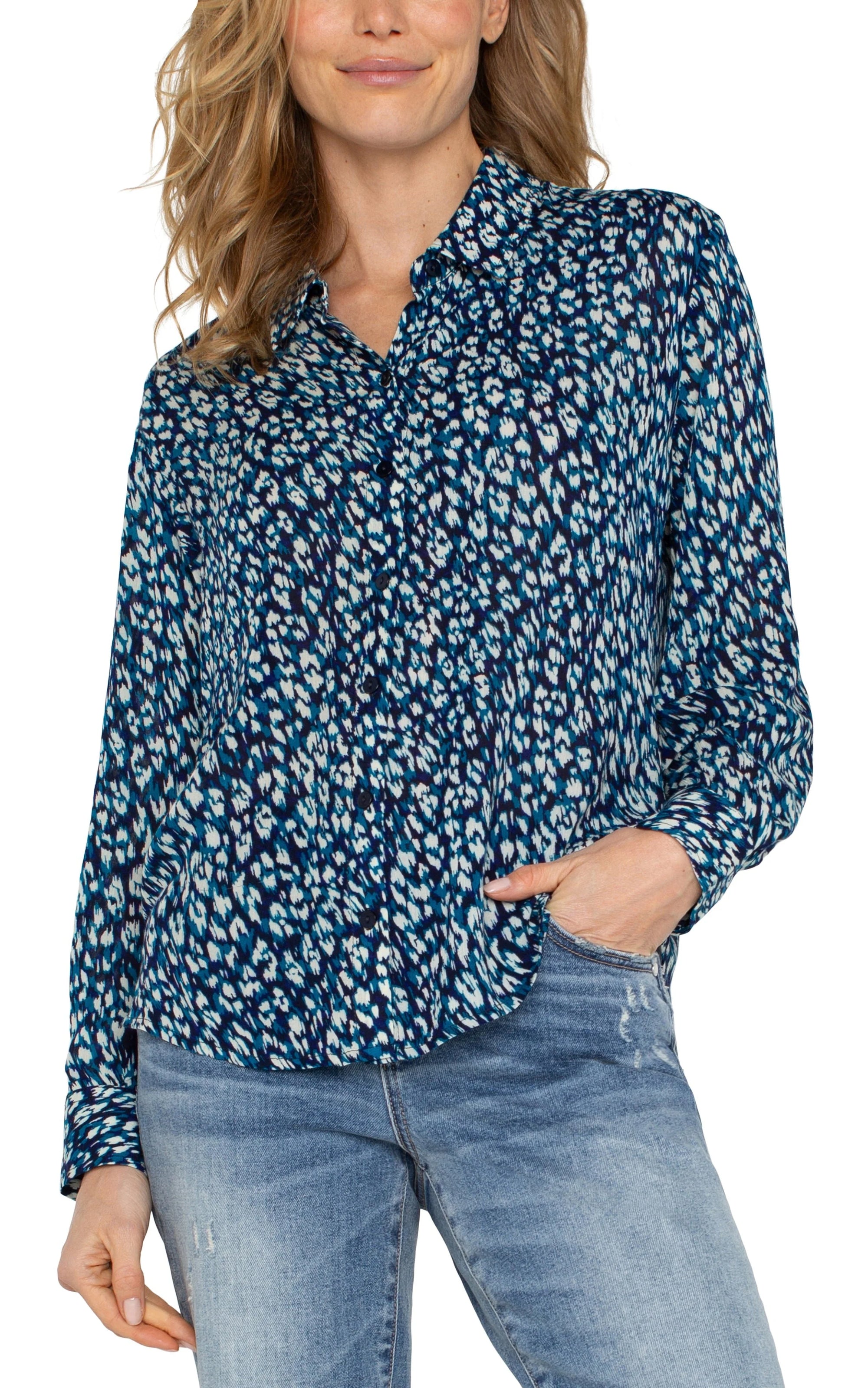 Button Up Woven Blouse- Blue Topaz