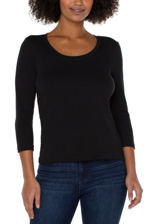 3/4 Sleeve Scoop Neck Knit Tee- Black