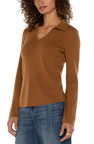 Long Sleeve V-neck Collared Sweater