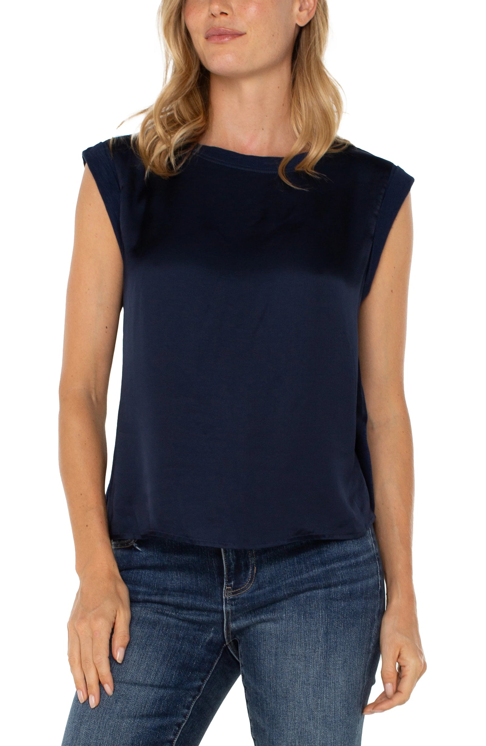 Sleeveless Woven Knit Top- Navy