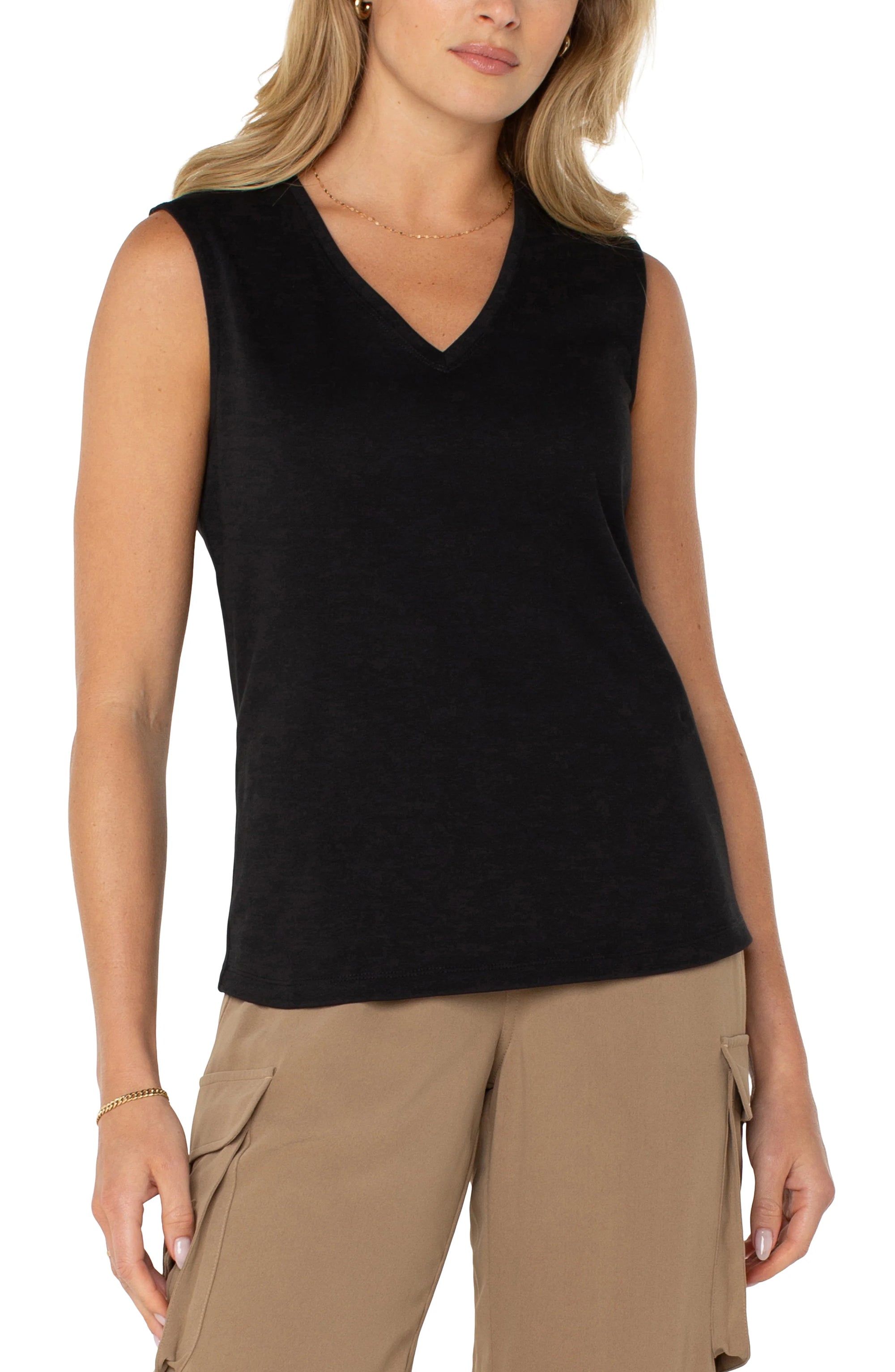 Sleeveless V Neck Knit Top- Black