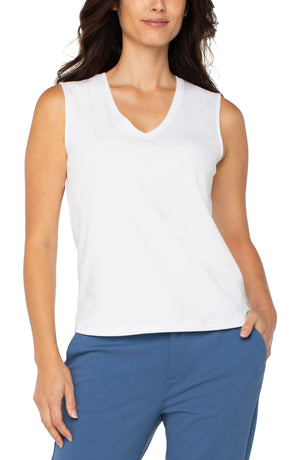 Sleeveless V Neck Knit Top- White