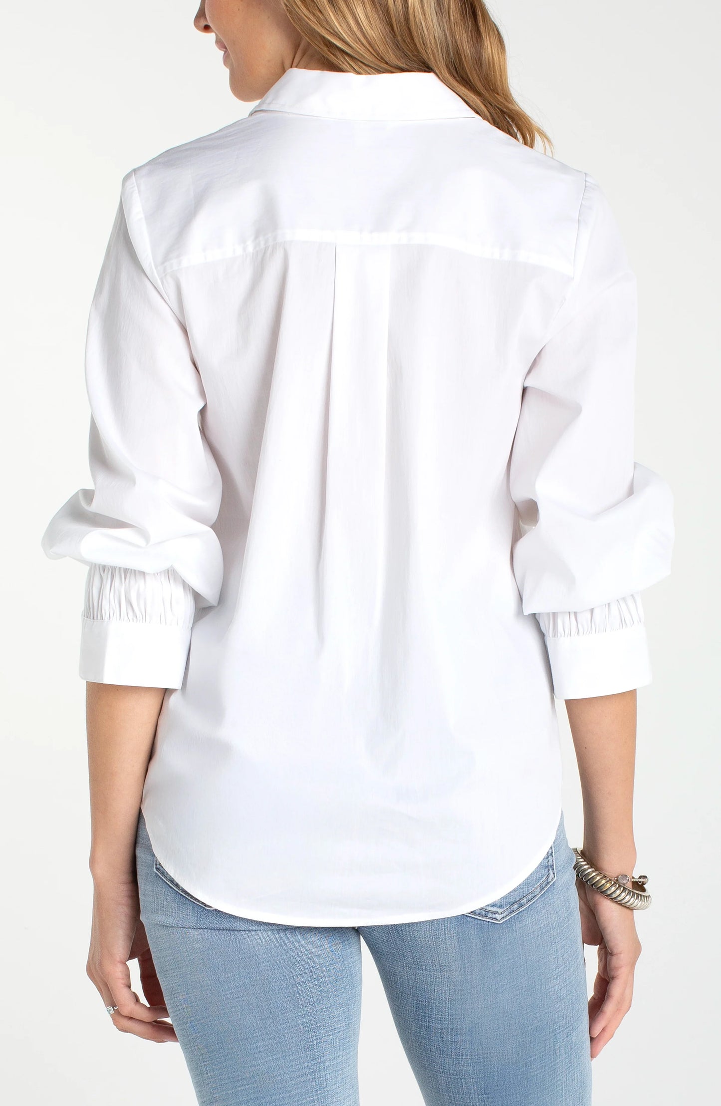 Adjustable Sleeve Button Front Woven Top- White