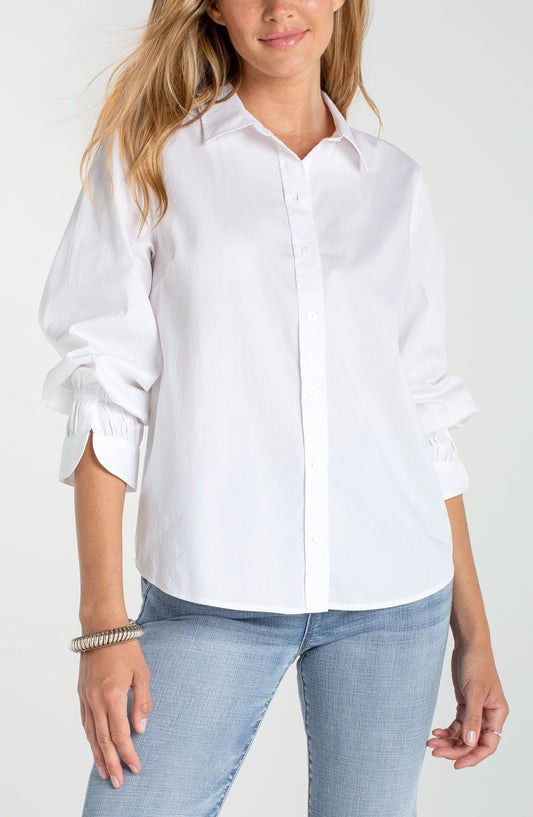 Adjustable Sleeve Button Front Woven Top- White