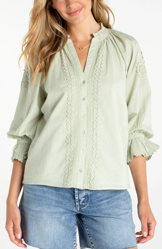 3/4 Sleeve Button Front Woven Top- Matcha