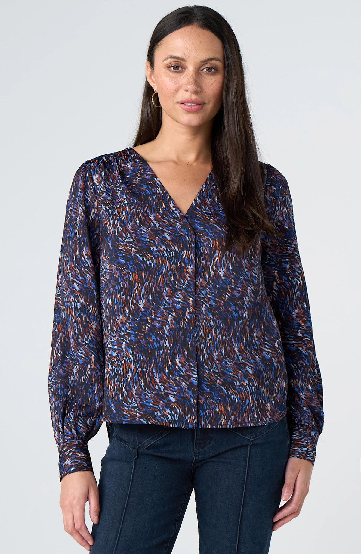 Liverpool LS-Woven Blouse-Blue/Brown Multi