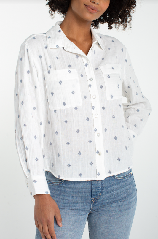 Long Sleeve Button Front Shirt w/High Low Hem