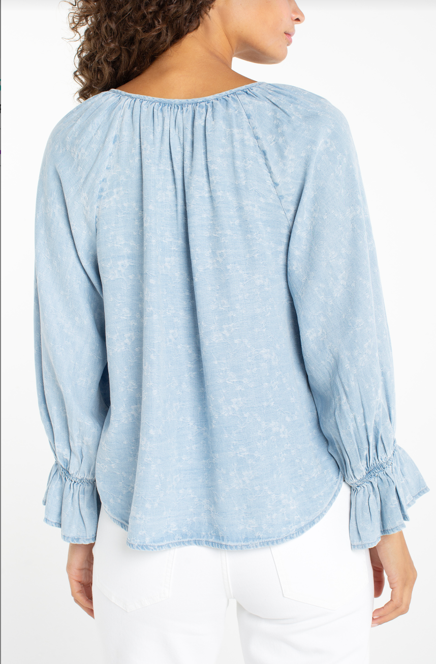 3/4 Sleeve Button Front Shirred Woven Top