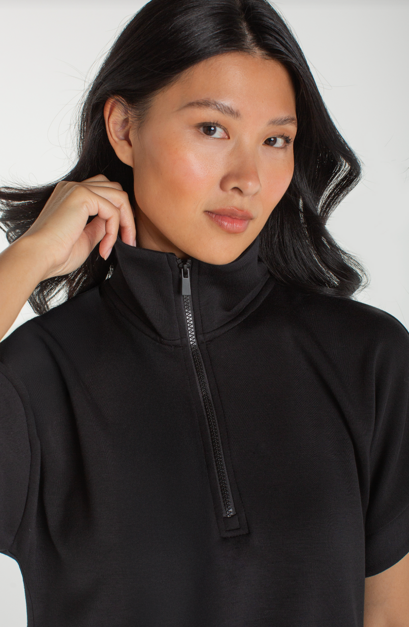 Half Zip Popover Top- Black