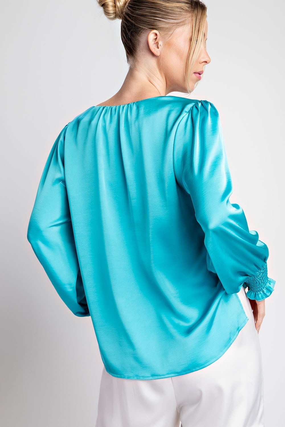 The Perfect Satin Blouse- Aqua Blue
