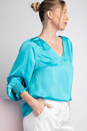 The Perfect Satin Blouse- Aqua Blue