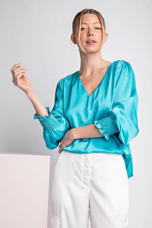 The Perfect Satin Blouse- Aqua Blue