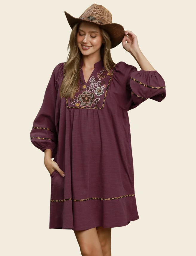 Floral Embroidered Babydoll Dress-Merlot