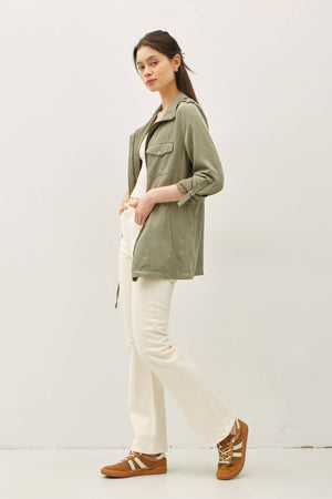 Cinched Waist Cargo Utility Jacket-Sage