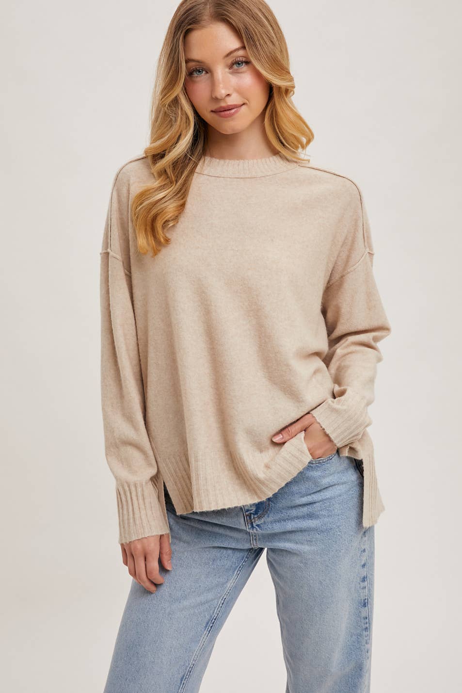 Crew Neck Knit Sweater-Beige