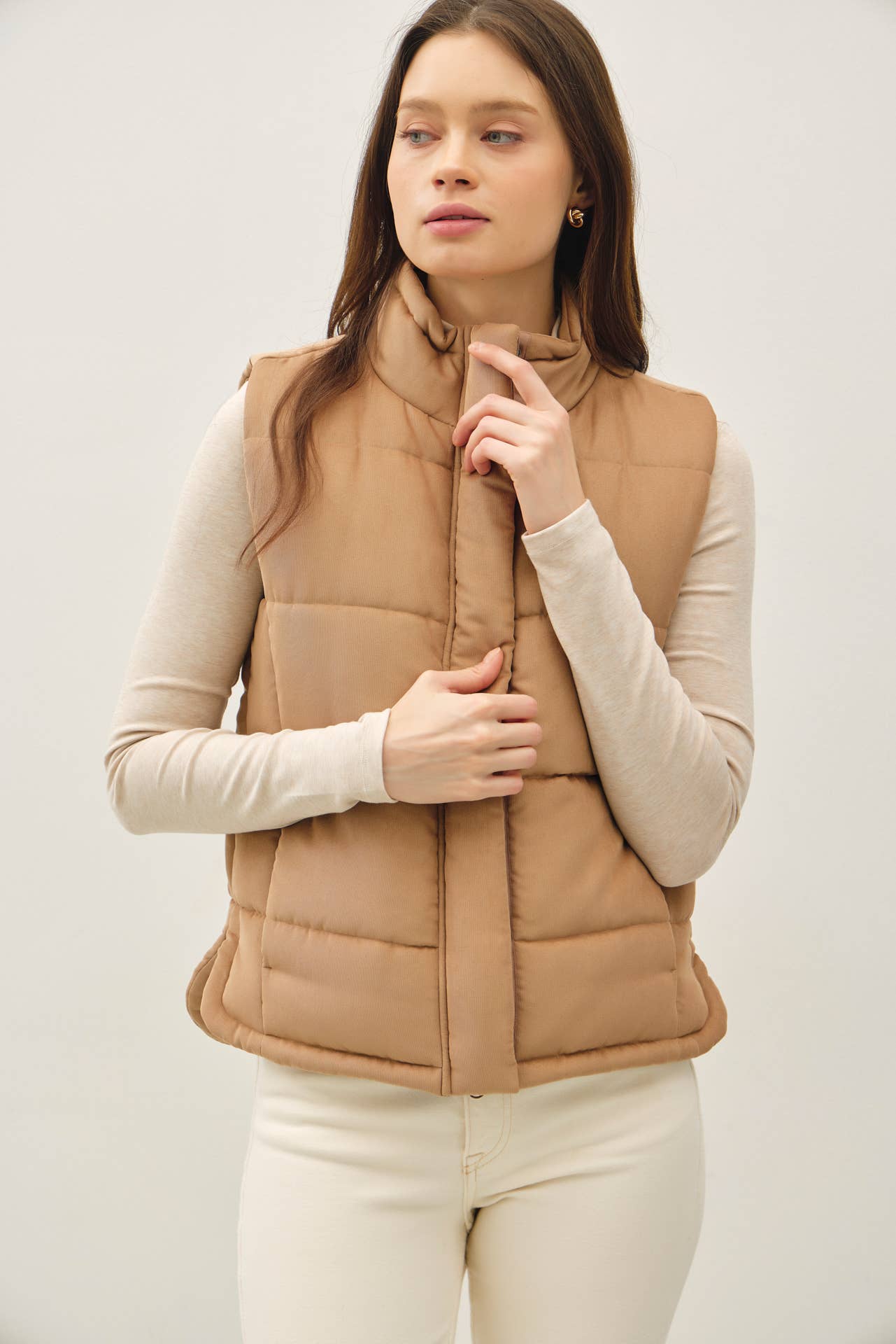 Suede Puffer Vest-Camel
