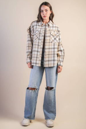 Checkered Casual Flannel Shacket-Cream