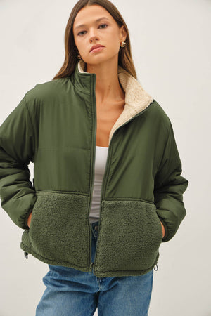 Reversible Sherpa Block Puffer Green/Tan