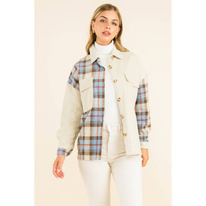 Mixed Media Button Up Jacket-Beige