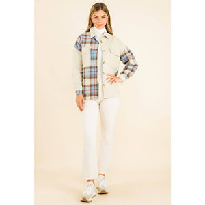 Mixed Media Button Up Jacket-Beige