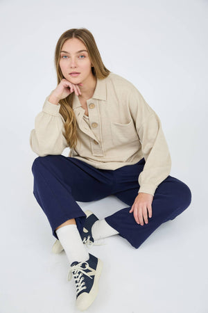 Raw Edge Split Neck-Oatmeal