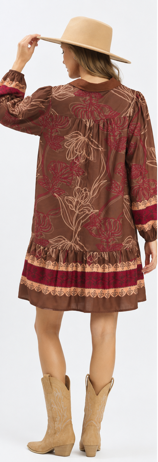 Brown Embroidered Mini Dress