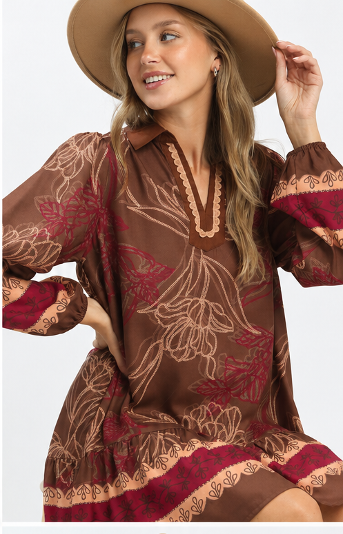 Brown Embroidered Mini Dress