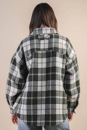 Checkered Casual Flannel Shacket -Olive