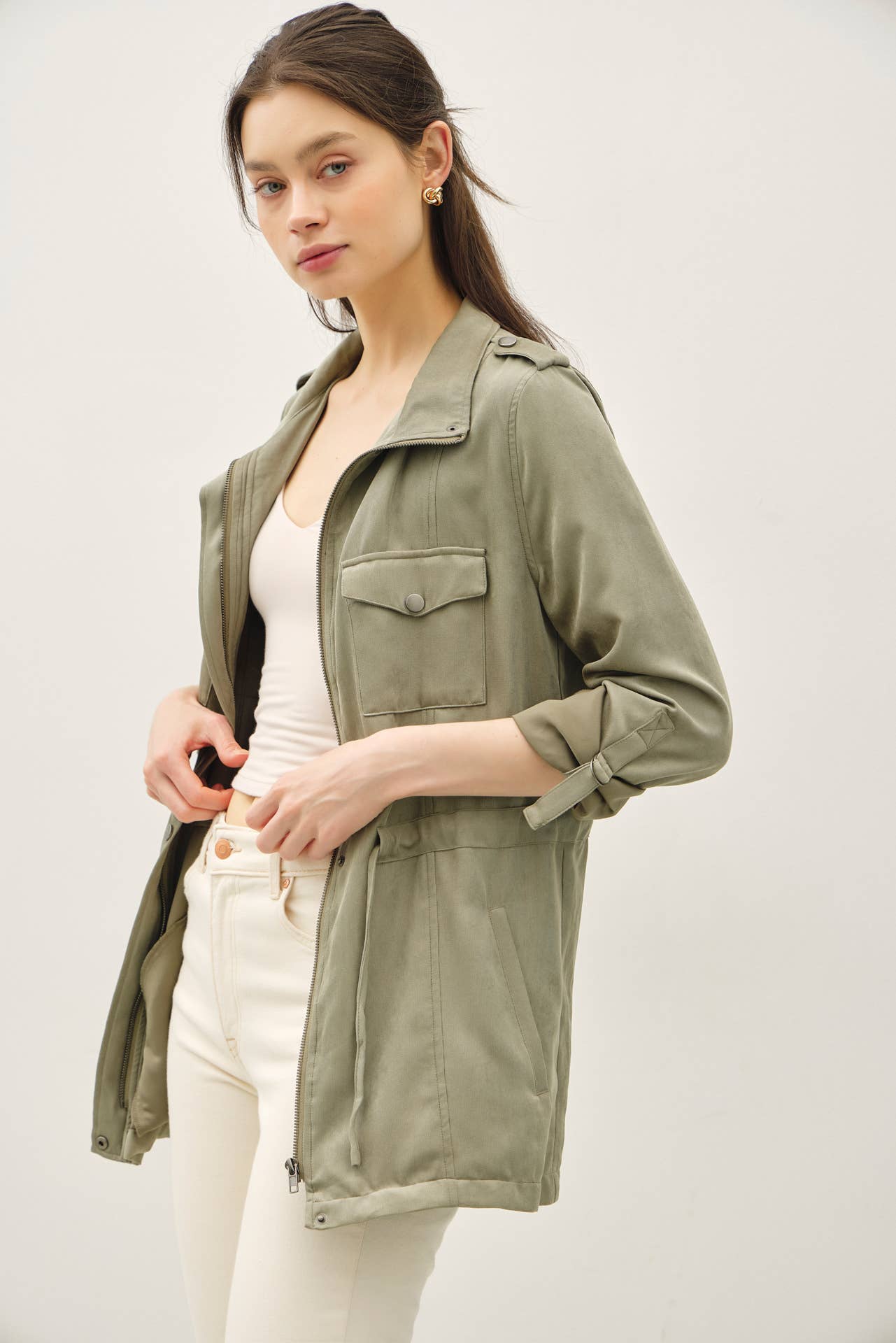 Cinched Waist Cargo Utility Jacket-Sage